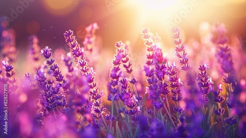 Close up Beautiful Blooming fragrant lavender in a field with warm sunbeam. background  wallpaer.