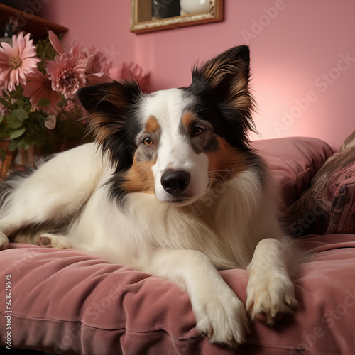 arafed dog laying on a pink couch with flowers in the background © Spirited