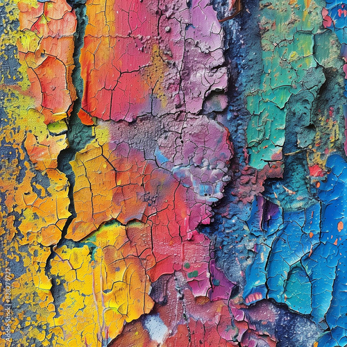 a close up of a colorful peeling paint on a wall
