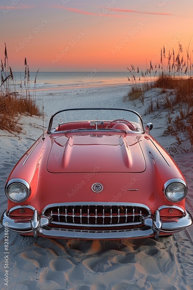 Photorealistic 1950s Convertible in Serene Beach Sunset