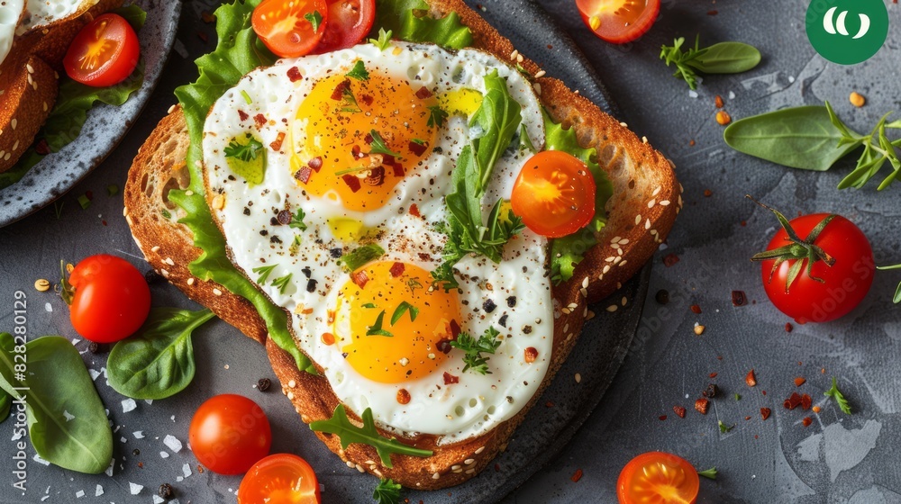 Top view of vegetable topped egg toast. Elevate Your Breakfast: Toast with Creamy Avocado, Eggs, and Cherry Tomatoes Top view of vegetable topped egg toast. Elevate Your Breakfast: Toast with Creamy Avocado, Eggs, and Cherry Tomatoes