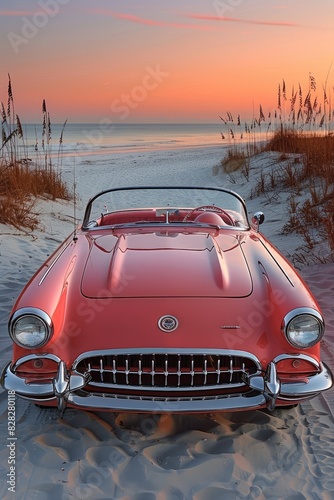 Photorealistic 1950s Convertible in Serene Beach Sunset