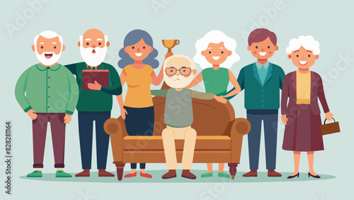 A group of retirees proudly display their finished projects including a beautifully reupholstered Victorian sofa a refinished mahogany desk and a repaired handcarved rocking chair.. Vector photo