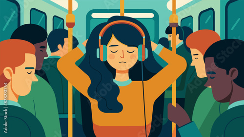 On a crowded subway train a woman closes her eyes and listens to a poem on her headphones using the words to ground and calm herself amidst the chaos.. Vector illustration