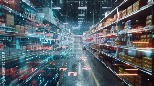 Futuristic Technology Retail Warehouse: Digitalization and Visualization of Industry 4.0 Process that Analyzes Goods. Generative Ai © Johannes