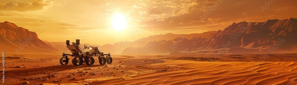 lone robot explorer surveys a barren Martian landscape, collecting data and searching for signs of life lone robot explorer surveys a barren Martian landscape, collecting data and searching for signs of life