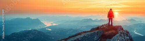 lone hiker stands on a mountain peak, overlooking a vast wilderness landscape at sunrise