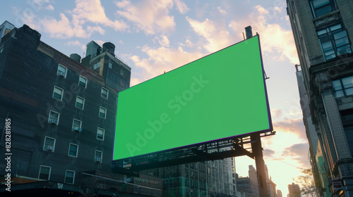 A large green billboard is on a city street