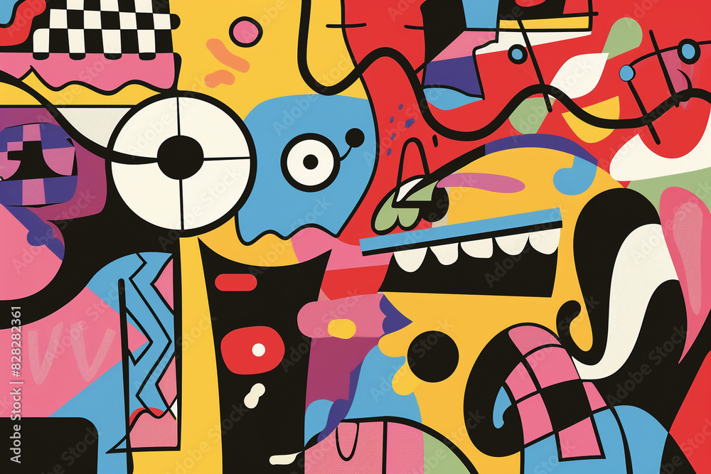Fun and colorful abstract pop style with lively shapes and playful motifs.