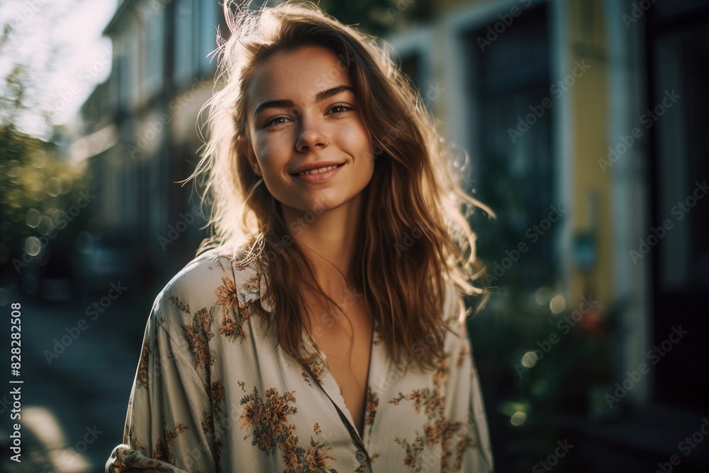 A woman with long brown hair and a floral shirt is smiling for the camera A woman with long brown hair and a floral shirt is smiling for the camera