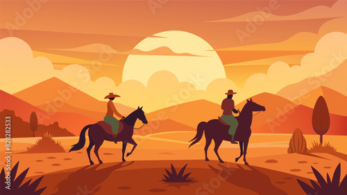 Two elderly women riding horses through a vast prairie with the golden sun setting in the background.. Vector illustration
