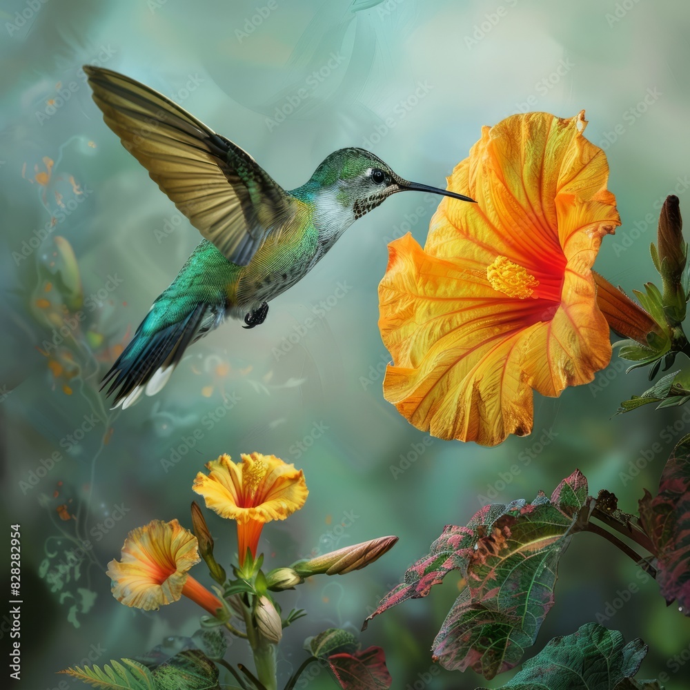 Hummingbird flying to pick up nectar from a beautiful flower. Digital artwork Job ID: b98e1ed9-623d-4e7a-a880-dd84496c7a72 Hummingbird flying to pick up nectar from a beautiful flower. Digital artwork Job ID: b98e1ed9-623d-4e7a-a880-dd84496c7a72