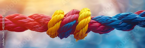 Colorful rope with red, yellow and blue colors tied together on a blurred background. The concept of unity in diversity