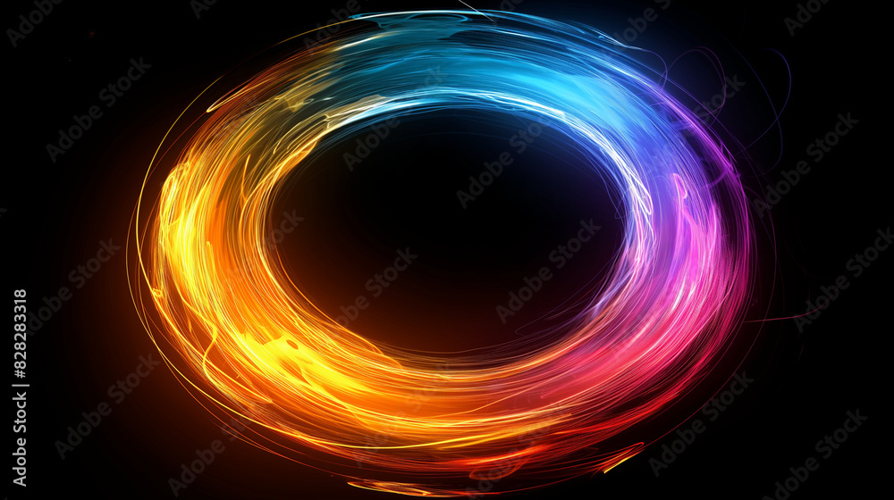 Digital generated image of abstract circular shape made by multicolor glowing light effect against black background. Digital generated image of abstract circular shape made by multicolor glowing light effect against black background.
