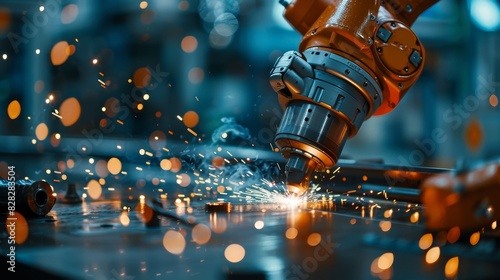 Close-up of a robotic arm carefully welding a seam on a metal structure. Sparks fly as the machine works photo