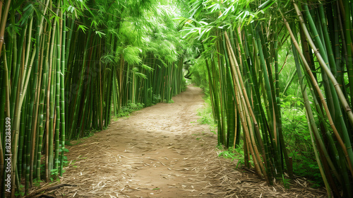 Bamboo green forest with walking path 