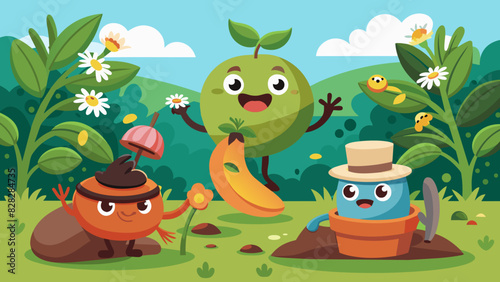 A playful set of composting characters - a worm, a banana peel, and an egg shell. Vector Illustration
