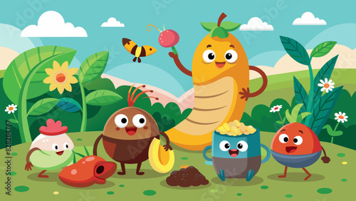 A playful set of composting characters - a worm, a banana peel, and an egg shell. Vector Illustration
