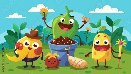 A playful set of composting characters - a worm, a banana peel, and an egg shell. Vector Illustration
