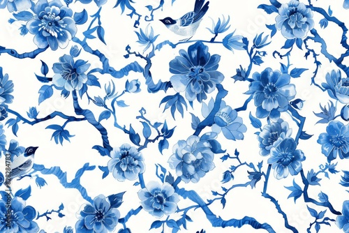 Watercolor Seamless pattern with blue and white