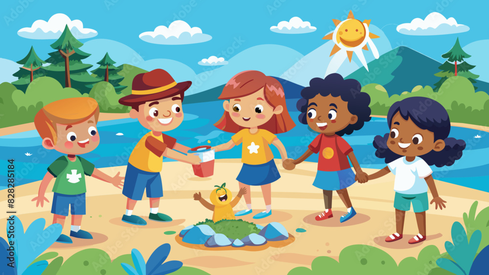 A playful illustration of a group of children cleaning up a beach, holding hands in a circle. A playful illustration of a group of children cleaning up a beach, holding hands in a circle.