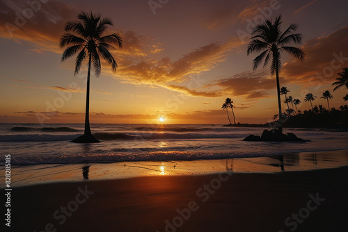 Burnt orange sunrise over a black sand beach with palm trees. 
