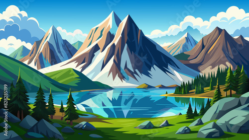 A photorealistic vector of a majestic mountain range with crystal-clear lakes. 