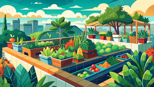 A colorful illustration of a rooftop garden overflowing with fresh herbs and vegetables.  © theartcreator