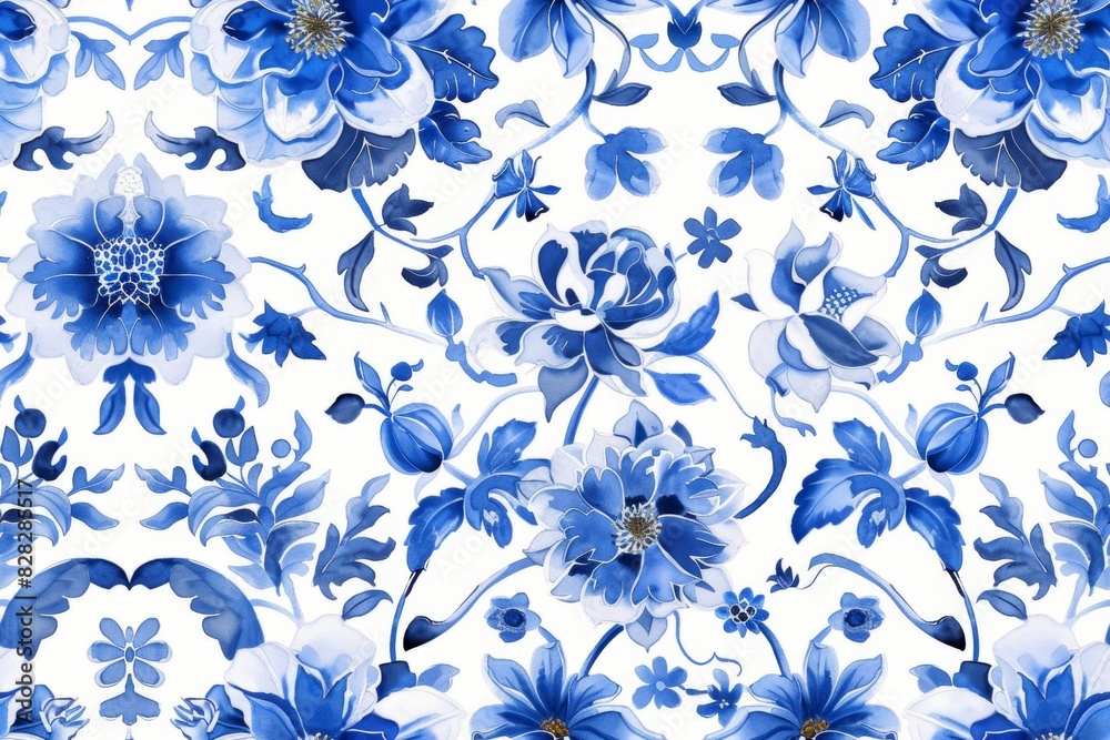 Watercolor Seamless pattern with blue and white