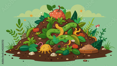 A detailed vector graphic of a compost pile teeming with beneficial microorganisms.