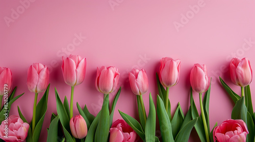 Row of pink tulips against a pink background  symbolizing the concept of spring. Generative AI