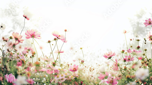 A field of delicate cosmos flowers in bloom with a bright  backlit background  showcasing the concept of spring and renewal. Generative AI