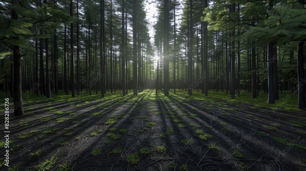 Obraz premium Tranquil Forest Scene with Towering Trees and Black Carpet Underfoot