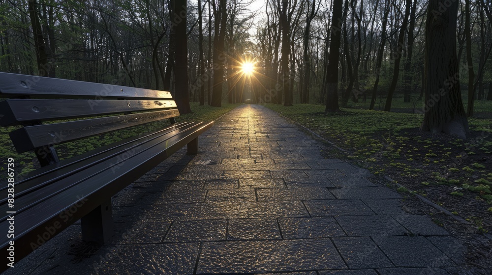 Tranquil Sunset Park Scene with Wooden Bench and Path Tranquil Sunset Park Scene with Wooden Bench and Path
