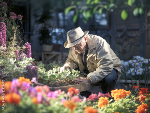 An elderly gentleman tending to plants in a sunlit garden, naturalistic style, set against a soft-focus nature background, concept of gardening. Generative AI