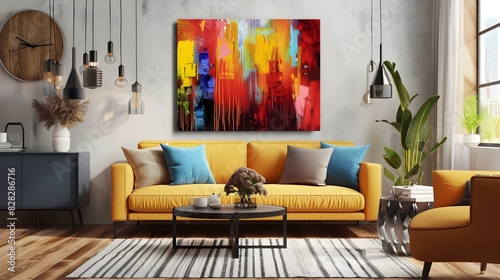 Vibrant and Cozy Modern Living Room with Colorful Abstract Art Wall Painting © Rudsaphon