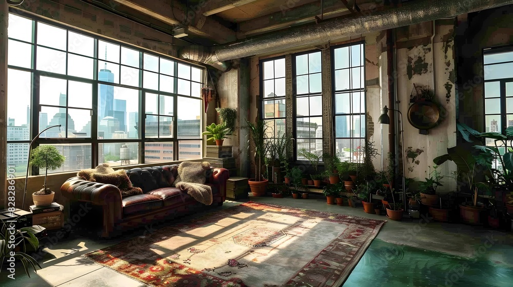 Fototapeta premium Spacious loft apartment with panoramic city skyline view and cozy industrial decor