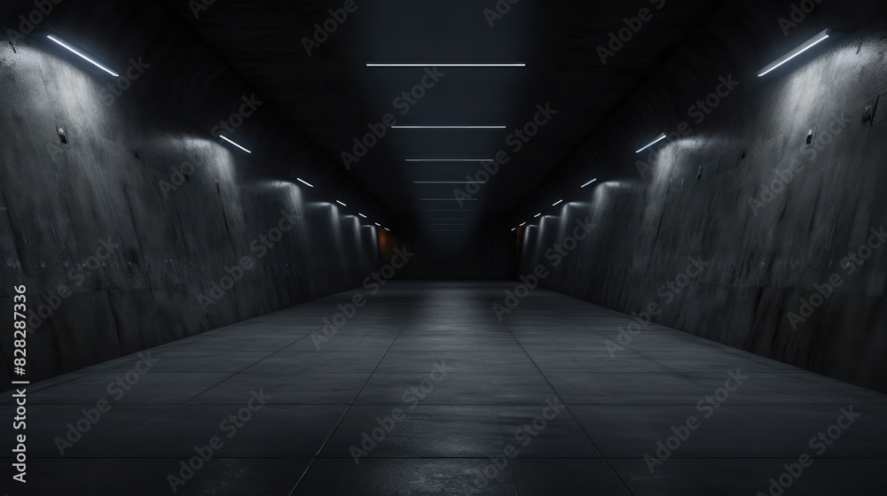 Dark concrete tunnel with LED white lights underground, corridor, cement