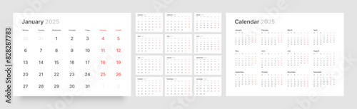Monthly calendar template for 2025 year. Wall calendar in a minimalist style. Week Starts on Monday. 