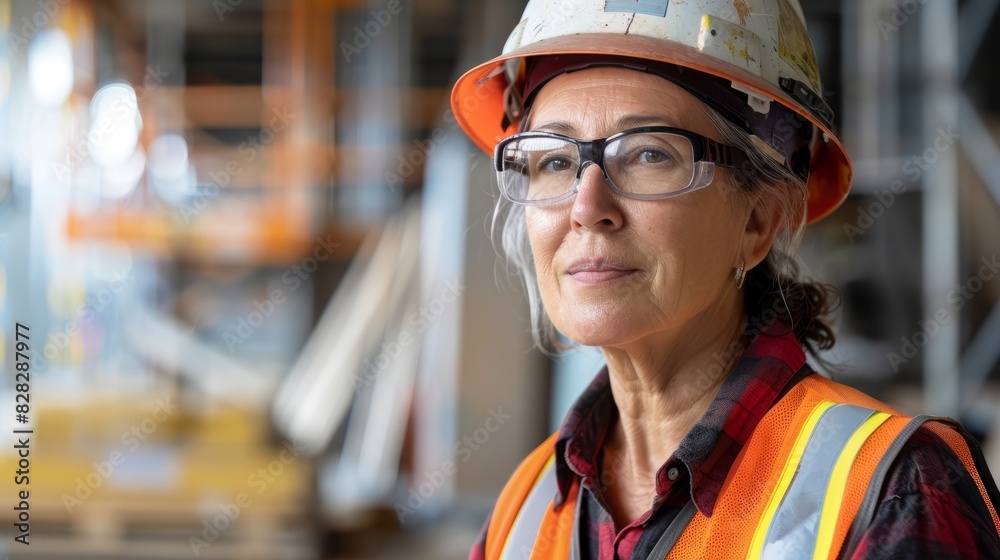 woman working on a construction site, construction hard hat and work vest, smirking, middle aged or older, Generative AI woman working on a construction site, construction hard hat and work vest, smirking, middle aged or older, Generative AI