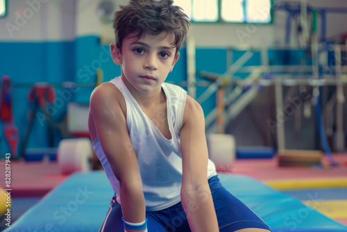 Determined child gymnast in a training facility