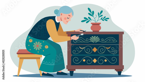 An old woman carefully stenciling intricate designs onto a restored antique dresser adding her own personal touch.. Vector illustration