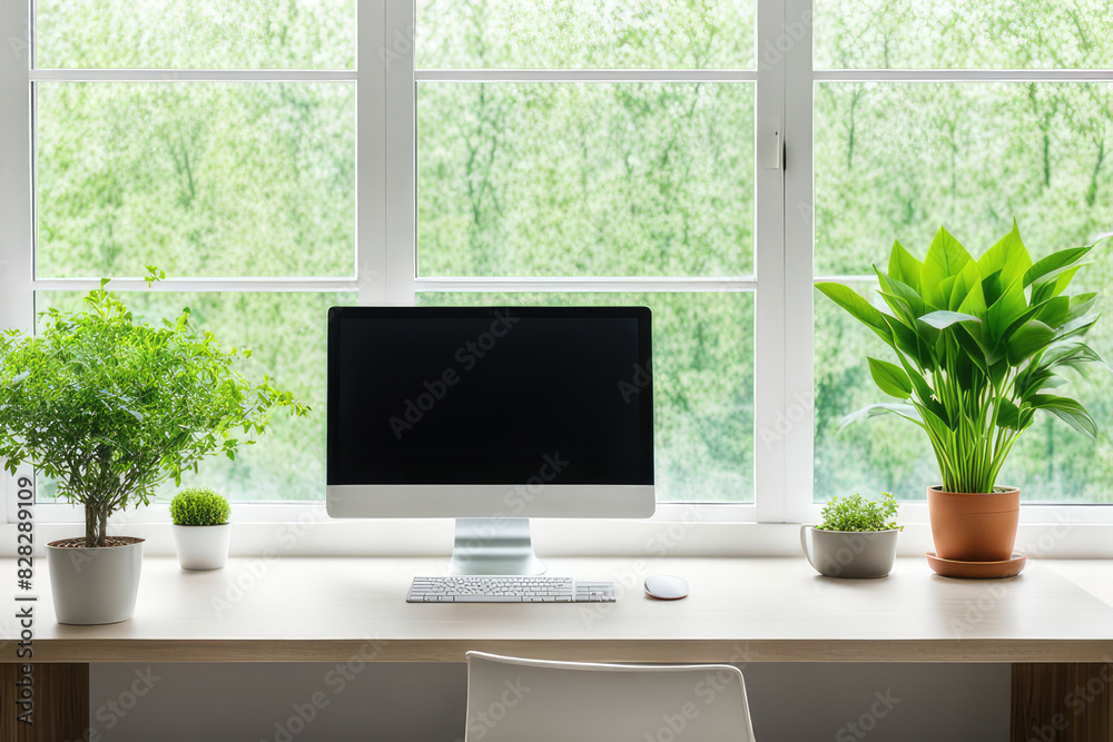 Fototapeta premium Desk of free space with green plant and window of spring time 
