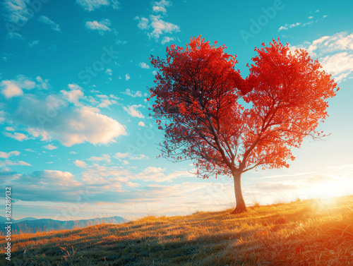 Vibrant red tree in a sunlit field  clear sky background  concept of nature and seasons. Generative AI