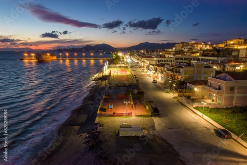 Aerial night view of Neapoli,  the head town of vatika area, in lakonia, south Peloponnese , Greece. photo