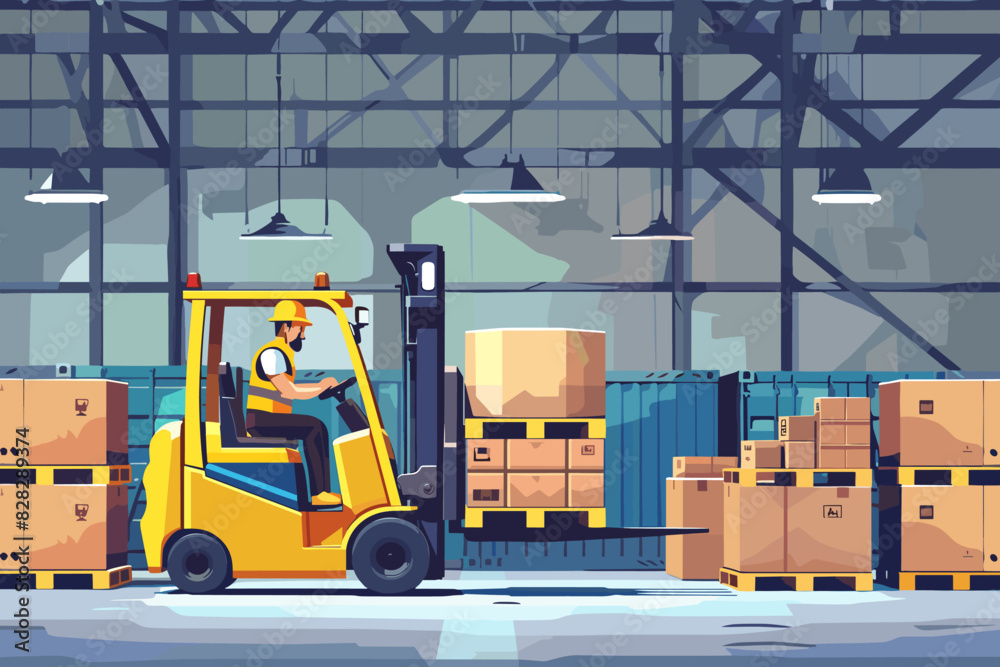 Forklift Operator Handling Cargo Containers and Wooden Boxes in Warehouse