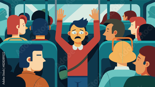 On a packed train a passenger softly hums a soothing mantra to help block out the chaos and noise around them.. Vector illustration