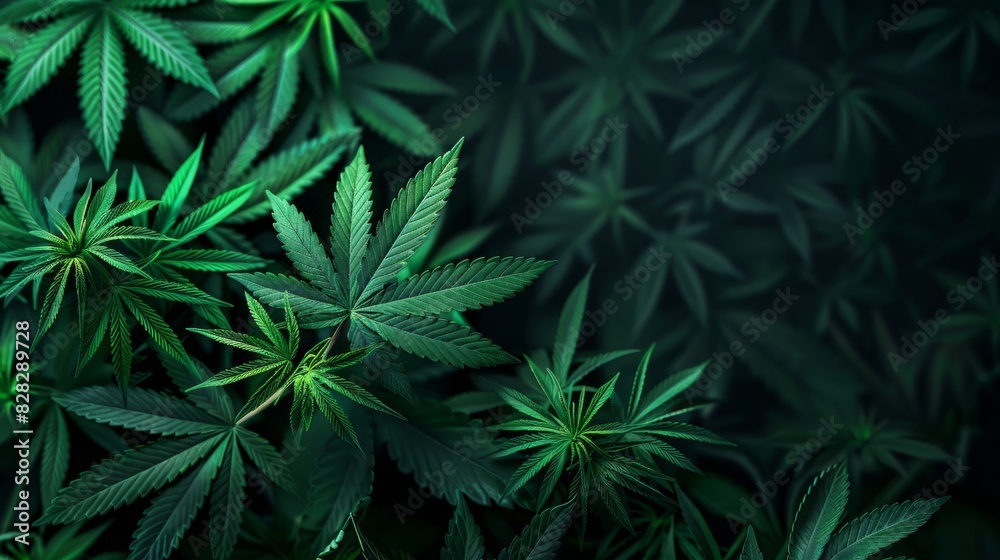 Marijuana leaves, green on a dark background with copy space Marijuana leaves, green on a dark background with copy space