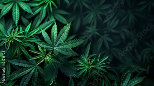 Marijuana leaves, green on a dark background with copy space photo