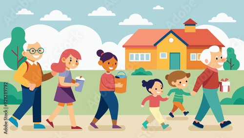 A scavenger hunt through the neighborhood with grandparents leading the way and grandchildren trailing behind all while staying active and exploring.. Vector illustration